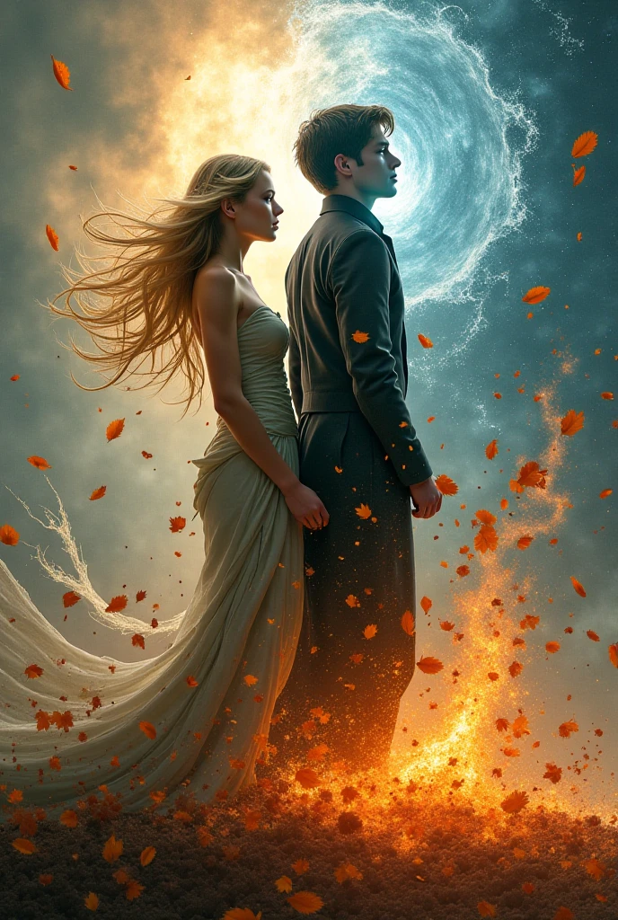  In their turn are the 4 elements : l'eau, le vent, Fire and leaves. A young woman with long blonde hair dressed sexy next to her a handsome man from Anonymous dressed in black.