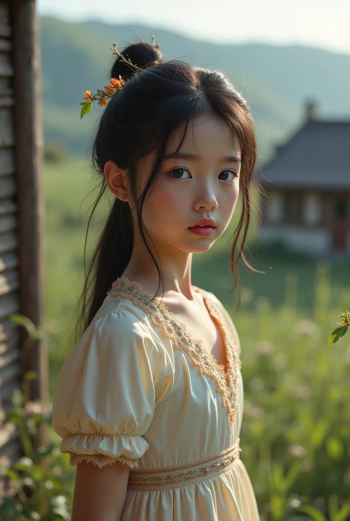A portrait of a young girl in a sunlit field, reminiscent of 'Girl with a Pearl Earring,' her enigmatic smile and luminous eyes capturing the viewer's attention.