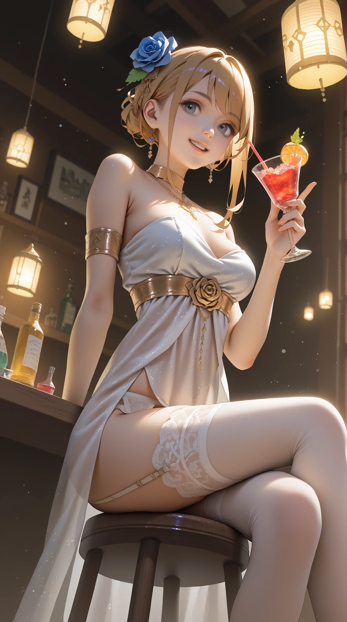 under the night sky、An elegant woman looking up at the starry sky。Her silhouette is illuminated by the moonlight、The dress flutters in the wind、bracelet、choker、Upstyle your hair、Stiletto heels、Cowboy Shot