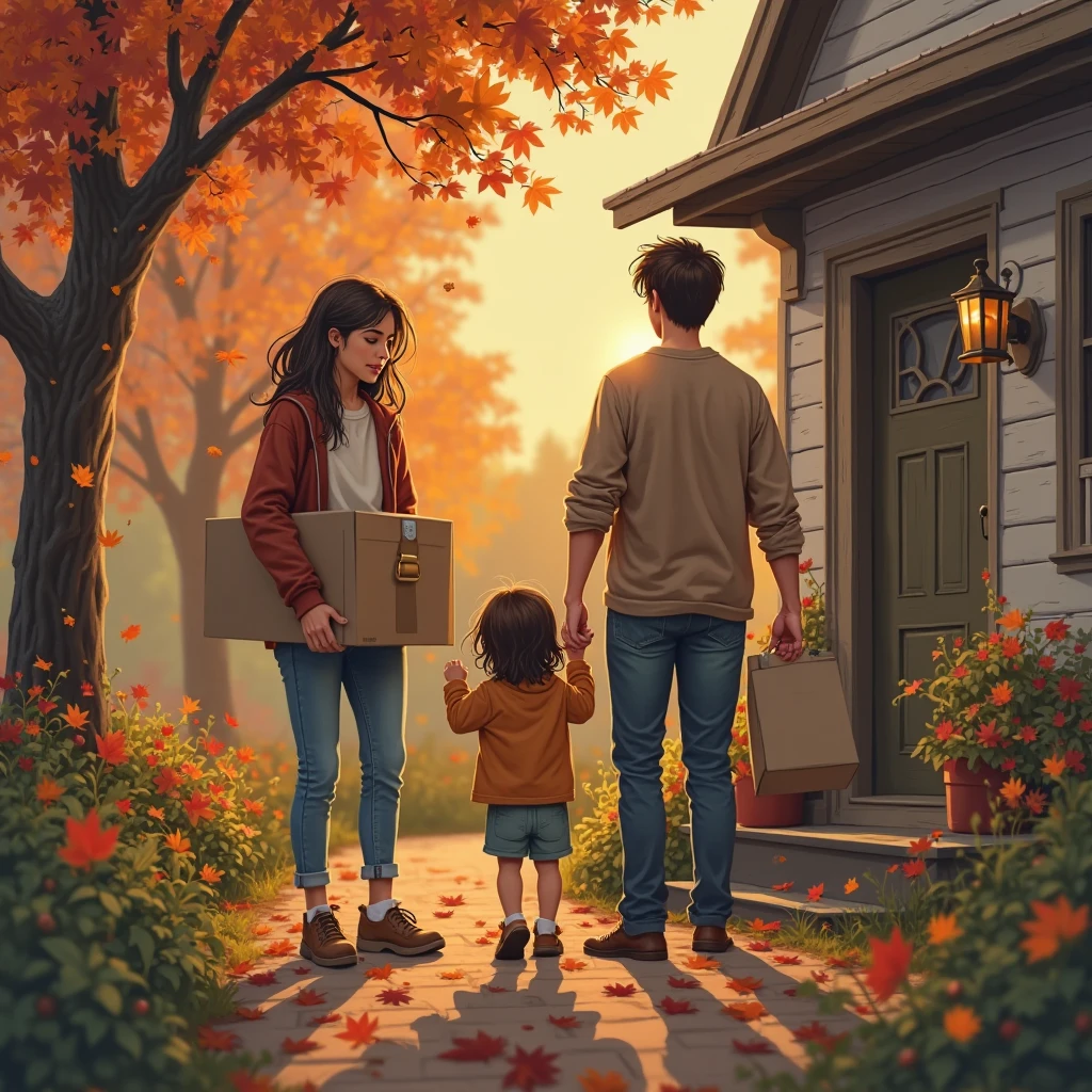 A young woman with soft brown hair and gentle eyes, carrying boxes into a cozy countryside house. A tired man with short dark hair and kind features helps her. Two small ren play near the porch. Autumn leaves fall around, golden and red. Warm sunset light. Calm, emotional atmosphere.