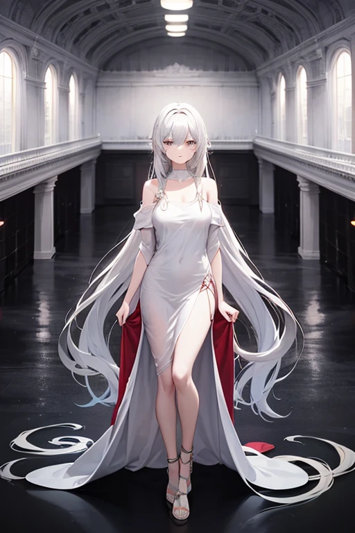 anime style mujer adult hair long white and eyes color red, con dress estilo gotico con expresion seria full body con una mesa larga y sosteniendo papeles