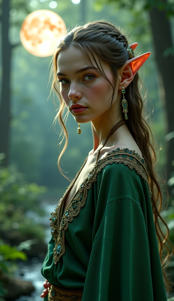A very beautiful elf from Rivendel from The Lord of the Rings, His tunic is green look at it from Drenthe while the scene is at night and in the background you can see the pink moon 