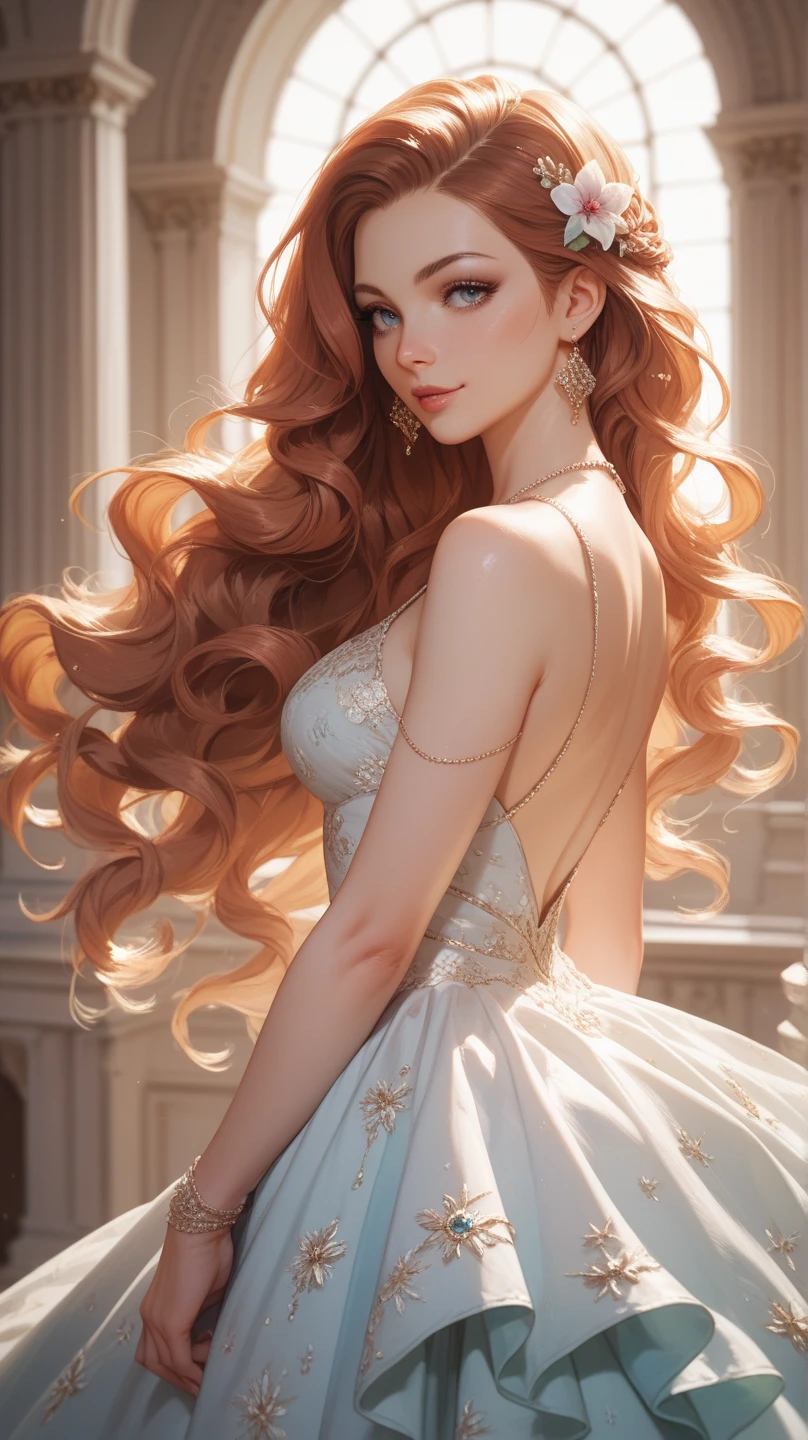 Beautiful girl with wavy long hair, bohemian dress