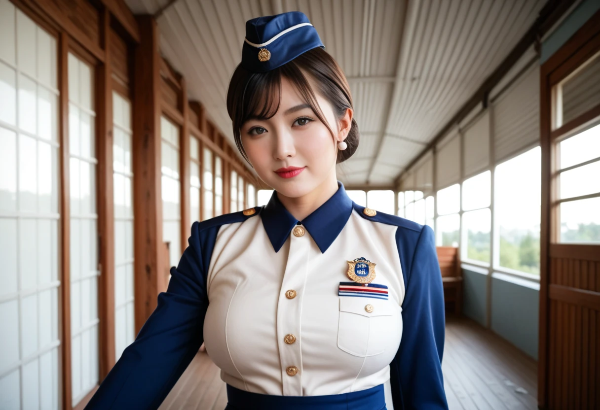 RAW photography,Shooting from the front,(high-level image quality,hightquality,hight resolution,masterpiece,highly detaileds),(Photo quality:1.5),((drawing one mature woman,1 mature woman:1.5)),anatomically correct,full body,Married woman,日本人のMarried woman,35 year old mature woman,extremely beautiful face,miss japan,intelligent look,beautiful row of teeth,beautiful fingers,beautiful breasts,big breasts,thighs,Chubby body type,Outstanding proportions,Looking at Viewer,(cosplay,military uniform,sexy military uniform,navy uniform),(standing tall:1.5),facing forward,naval port,no text