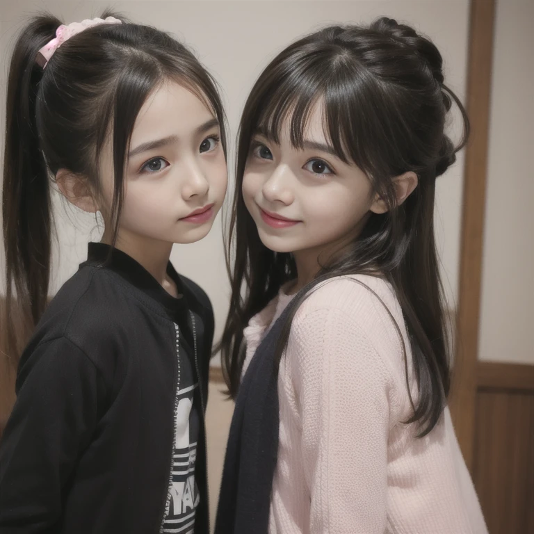 brunette girl,long hair,Wearing a white sweater, Wearing a cute scarf, sick with a cold, cold, , a cold, cute bangs, 2 girls,twins,5 year old Chinese child,Highly detailed facial and skin textures,delicate eyes,double eyelids,Hanfu,full-body shot,Pink Hanfu,Beautiful long black curly hair
