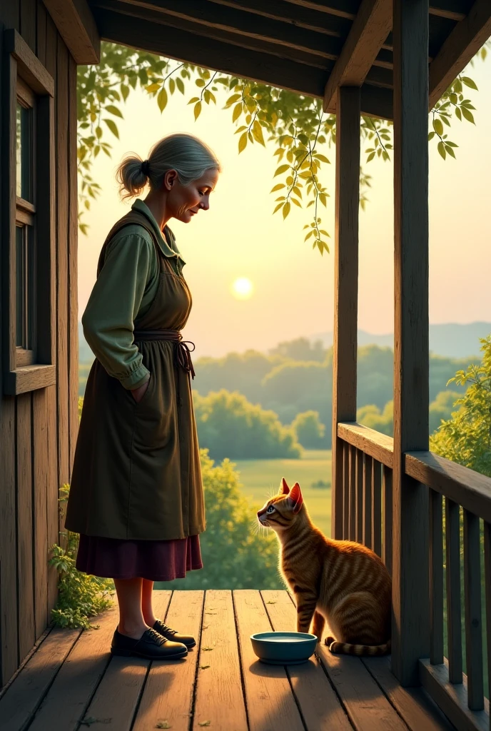 "An old woman standing on her porch, a bowl of milk placed in front of her, the wet cat slowly approaching, soft evening light and a gentle, caring mood."