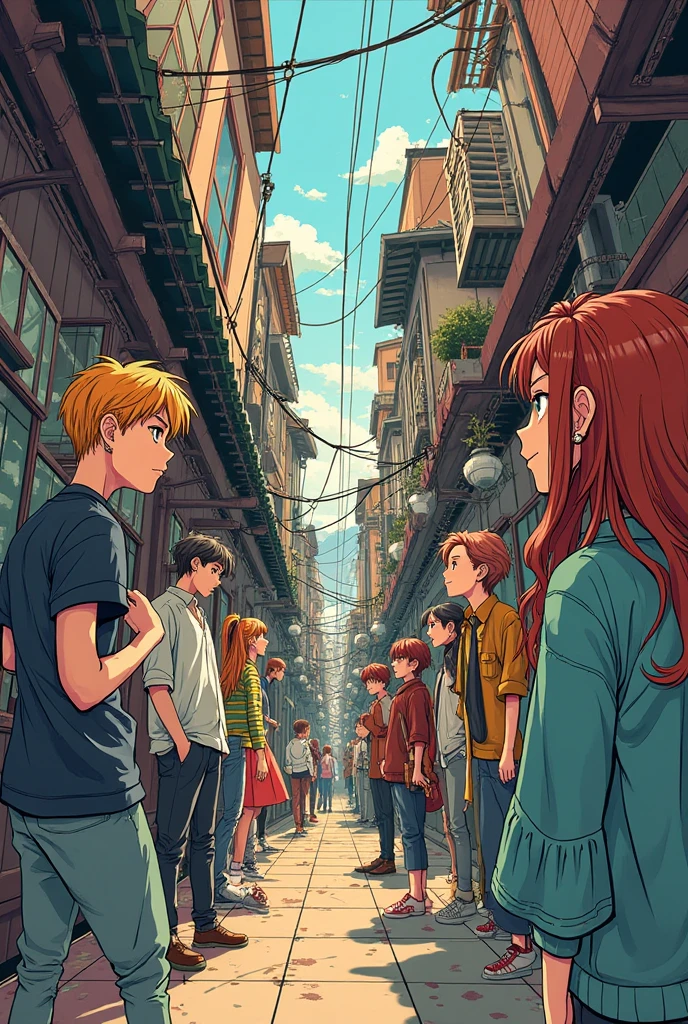 create an image that contains two vanishing points, that it is manga style 