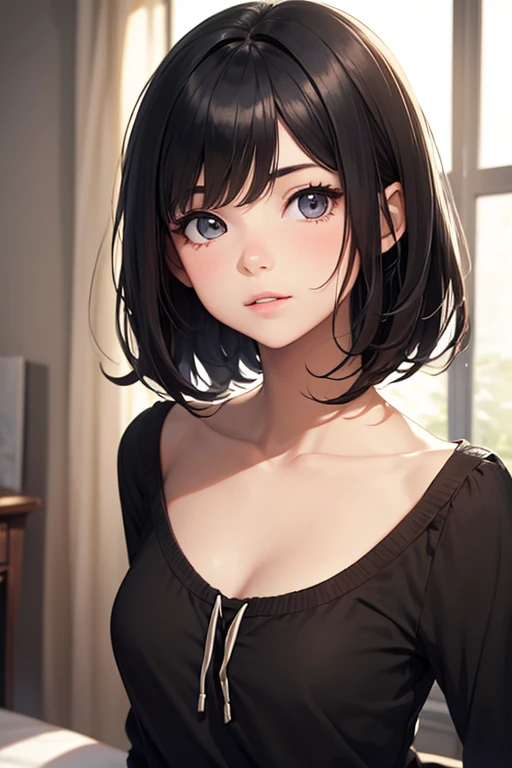 1girl, head only, solo, breasts, breast focus, sweatshirt, v-neck sweater, black bra, smile, looking at viewer, character focus, close up, cleavage, looking at viewer, trees, sunlight, black bob-cut hair, leaning forward