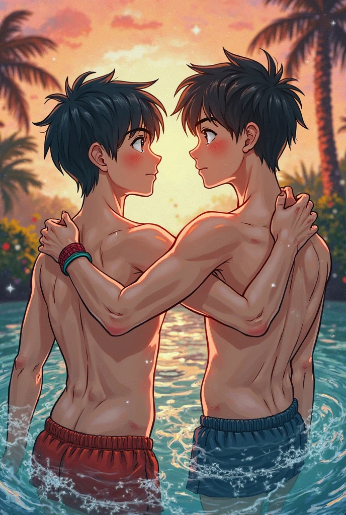 2boys, boys kissing, shirtless, male underwear, rubbing things, closed mouth, closed eyes, little boys, cute boys, masterpiece, male focus, summer, happy gay boys