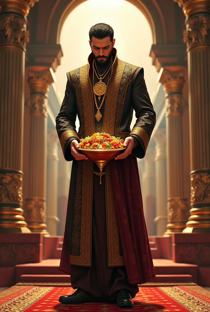 chris evans in a red and gold outfit holding a glass, brown skin man egyptian prince, arab inspired, the greek god of wine, handsome prince of persia, arab man, accurate to egyptian tradition, inspired by Osman Hamdi Bey, flaunting his wealth, arabian night, red and gold sumptuous garb, arabian samurai, arabian nights inspired --auto