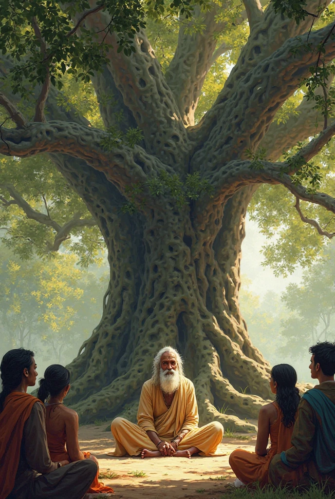 Arstu is seating under a banian tree teaching philosophy to common men