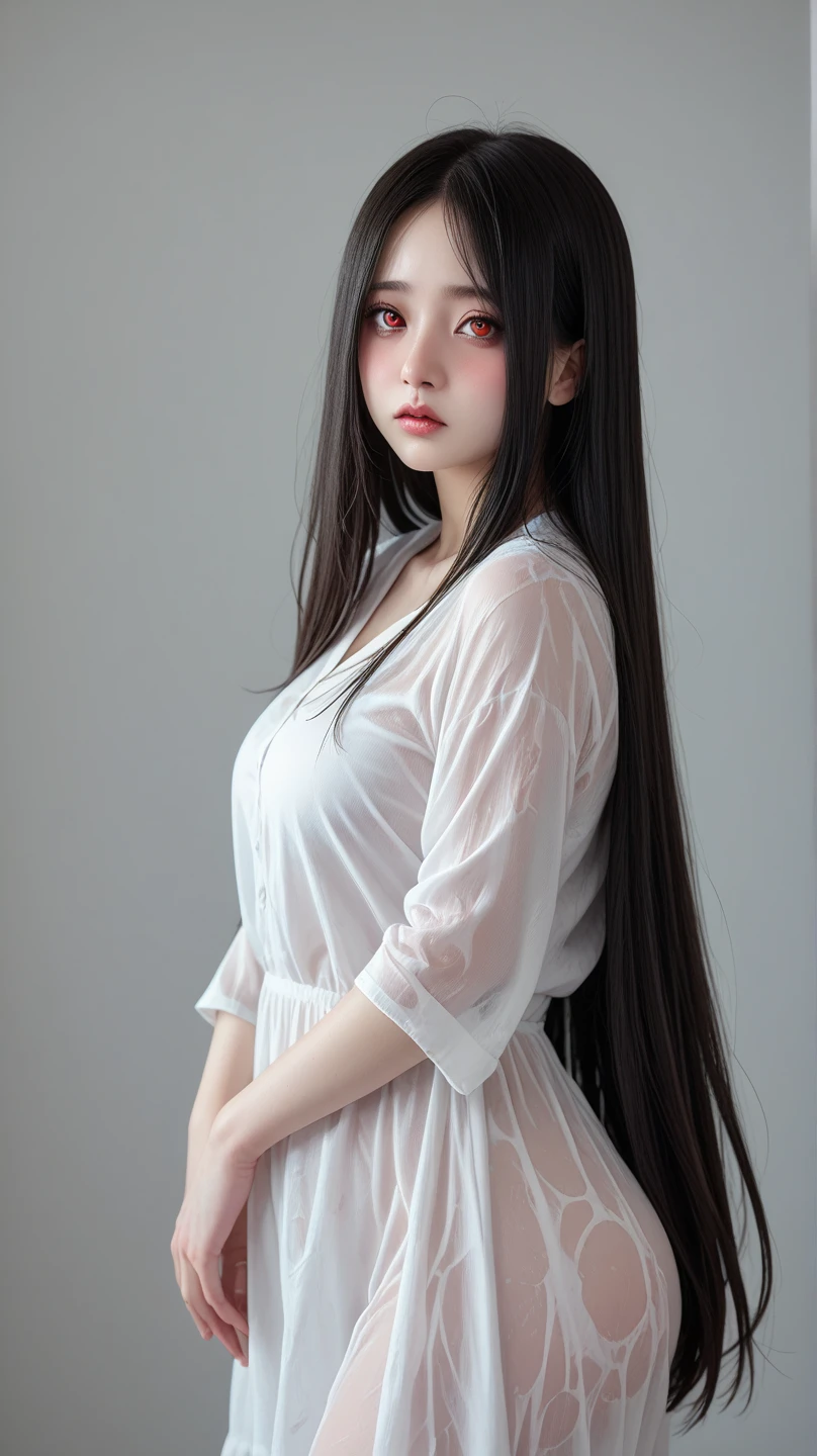 Long sleeve dress、Silky Hair、White wall、In front of a white door、((Highest quality、8K、masterpiece:1.3))、Ultra-high resolution、Photographed in natural light、(photoGenuineistic:1.4)、RAW Photos、Japanese,(face)、Genuine、Highly detailed face and skin texture、Highly detailed lips、The correct state of the human body、Black Hair、Various poses、Natural color lip、Mid-length hair