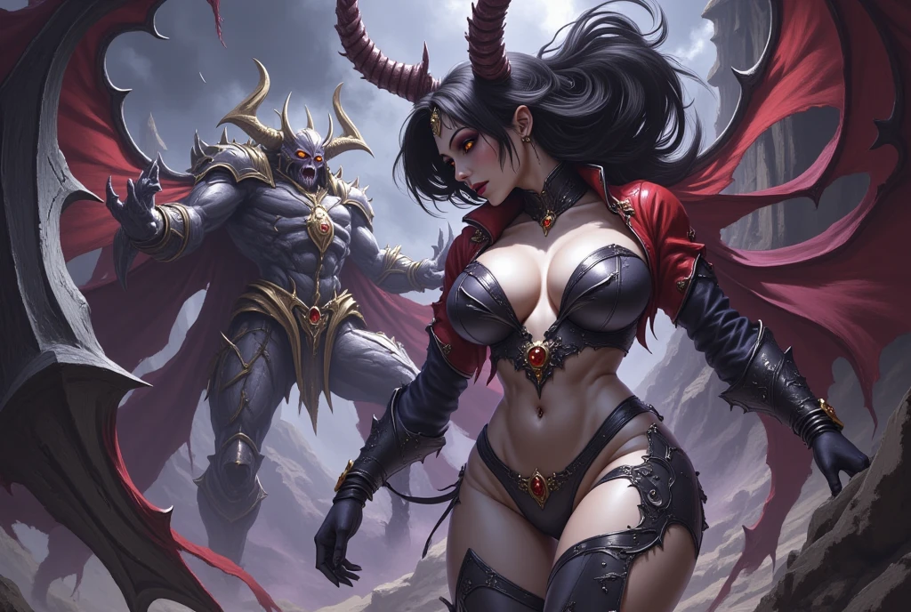 finest image, 8k, RAW photo, realistic, detailed, delicate, flashy and dynamic depiction, the succubus wearing a coat and the dark demon lord, inappropriate laughter, background dark hell