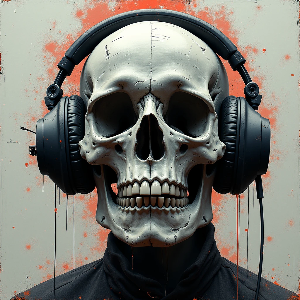 (((Katsushika Hokusai))), ((The left half of the face is a skeleton)), Red ribbon on head, Japanese pattern headphones, straighthair, Horror elements