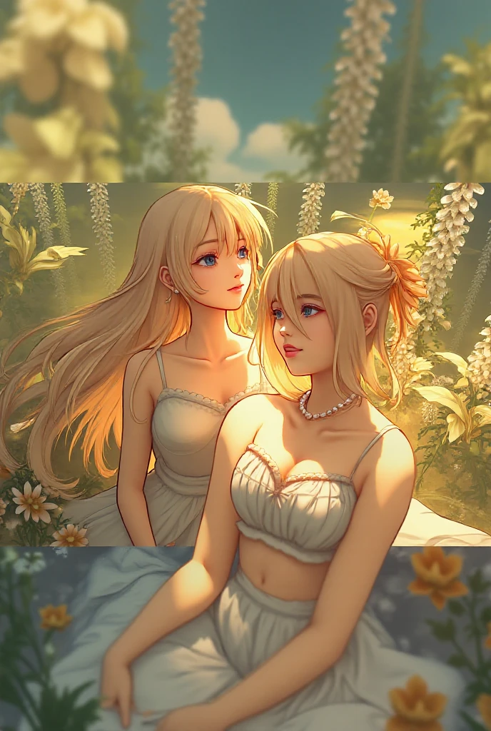 (masterpiece, best quality:1.4), (8K), Young blonde beauty, (((2 short girls in love, 18 years old, neat girl))), detailed blue eyes, long eyelashes, blush, kind smile, horny, upper body, topless, small ass, slender thin legs, vagina, (looking at viewer) (close up), beautiful blonde hair, white-skinned, straight bangs, pigtails, squeezing, on top of each other, (medium size breasts), (mushroom forest, celestial forest, beautiful and magnificent pink sunshine, majestic sky), natural light, pastel colors)
