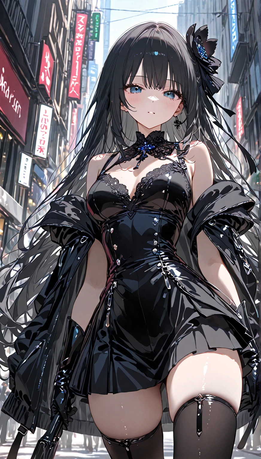 full body, solo, alone, delicate facial features, medium tits, medium hair, black hair, tearful mole, earring, dress, cleavage, street,