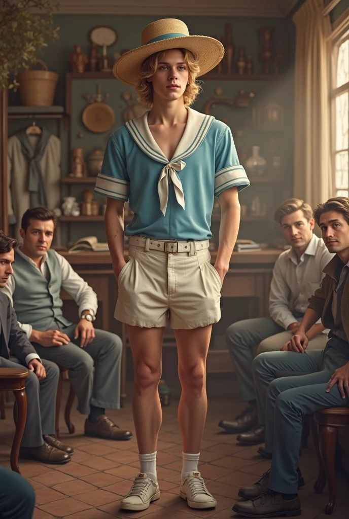 1950´s illustration, wide angle shot , A 1 man naked man in new york ((sitting on a chair with his legs extended)), wearing a sailor’s beret. Behind him, sailor pants, a sailor shirt, socks, and underwear are drying. he is the most handsome man ever seen, He has a mischievous expression on his face. slender_fitness_toned_detailed_body, blond_hair, large_green_eyes, oval_face,thin_lips, square chin, straight_nose, smiling, shaved, In the background, there is a wall, and behind the wall, a large building, oil painting,