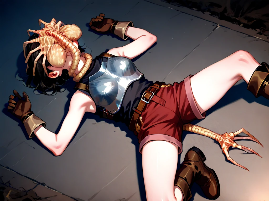 1 girl, solo, corpse, perfect anatomy, laying on ground, mami tomoe, masterpiece, best quality, highres, big breast, closed eyes, :o, unconscious, torn clothes, (white panties:1.2), tentacles grab, tilt head,