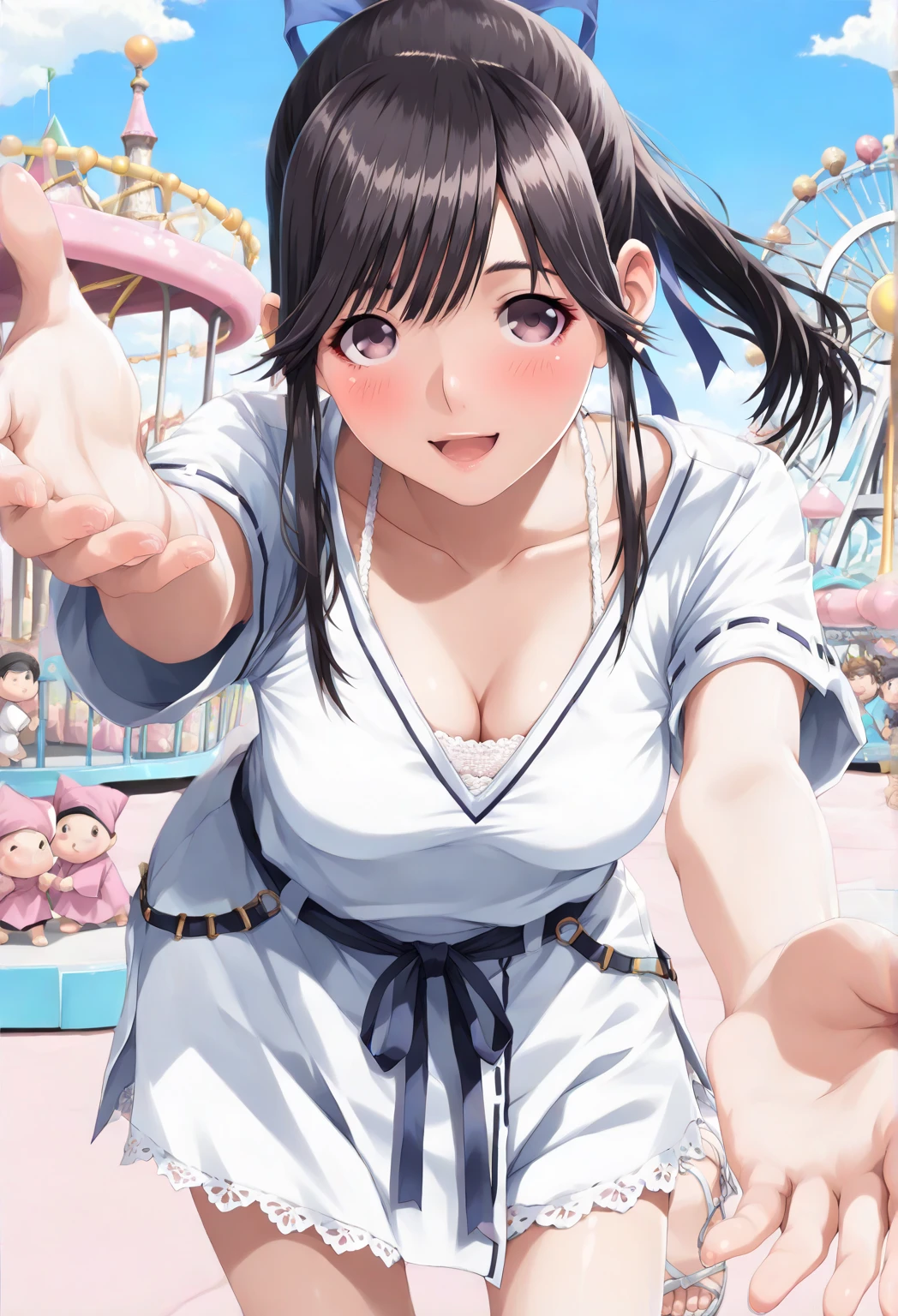 Shy girl enjoying a festival, headband, sash, happy, sweat, braids, shy expression, masterpiece, look here, Ghibli style, cleavage