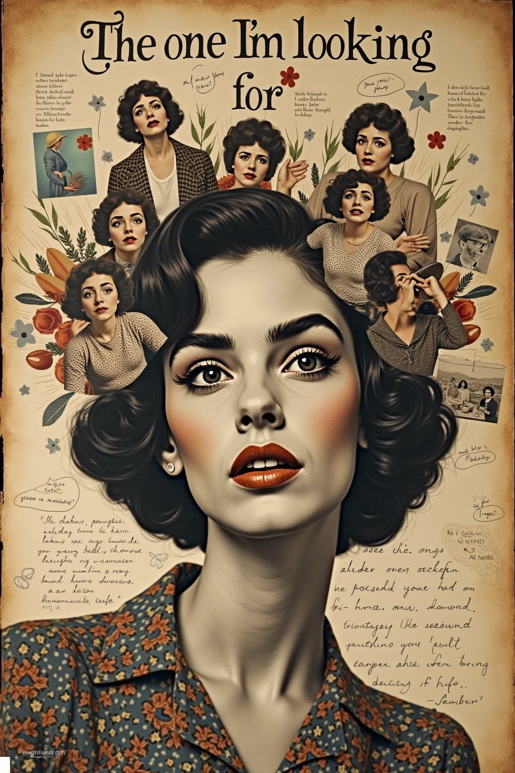 Create a nostalgic and artistic collage featuring a woman's face crafted from various cutouts of different women, arranged in a personal journal or vision board style. The collage includes torn magazine clippings, vintage photographs, and hand-drawn elements, all layered to form a cohesive and expressive portrait. The background is a textured, aged paper with handwritten notes, doodles, and inspirational quotes scattered around, giving it a personal and intimate feel. At the top of the collage, the title "The One I'm Looking For" is written in elegant, retro-inspired typography, as if part of a vision board. The overall mood is dreamy, introspective, and full of hope and imagination.