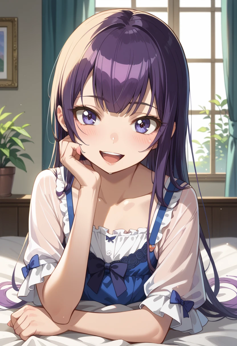 ((top quality)), ((masterpiece)), (be familiar with), perfect face, indoor, bedroom, watching viewers,
One woman, Saeko Tokushima,
open mouth, ecstatic expression, blush, smile,
 small , flat chest, Young girl,  lori, ren, girl,
long hair, long hair,
opening,