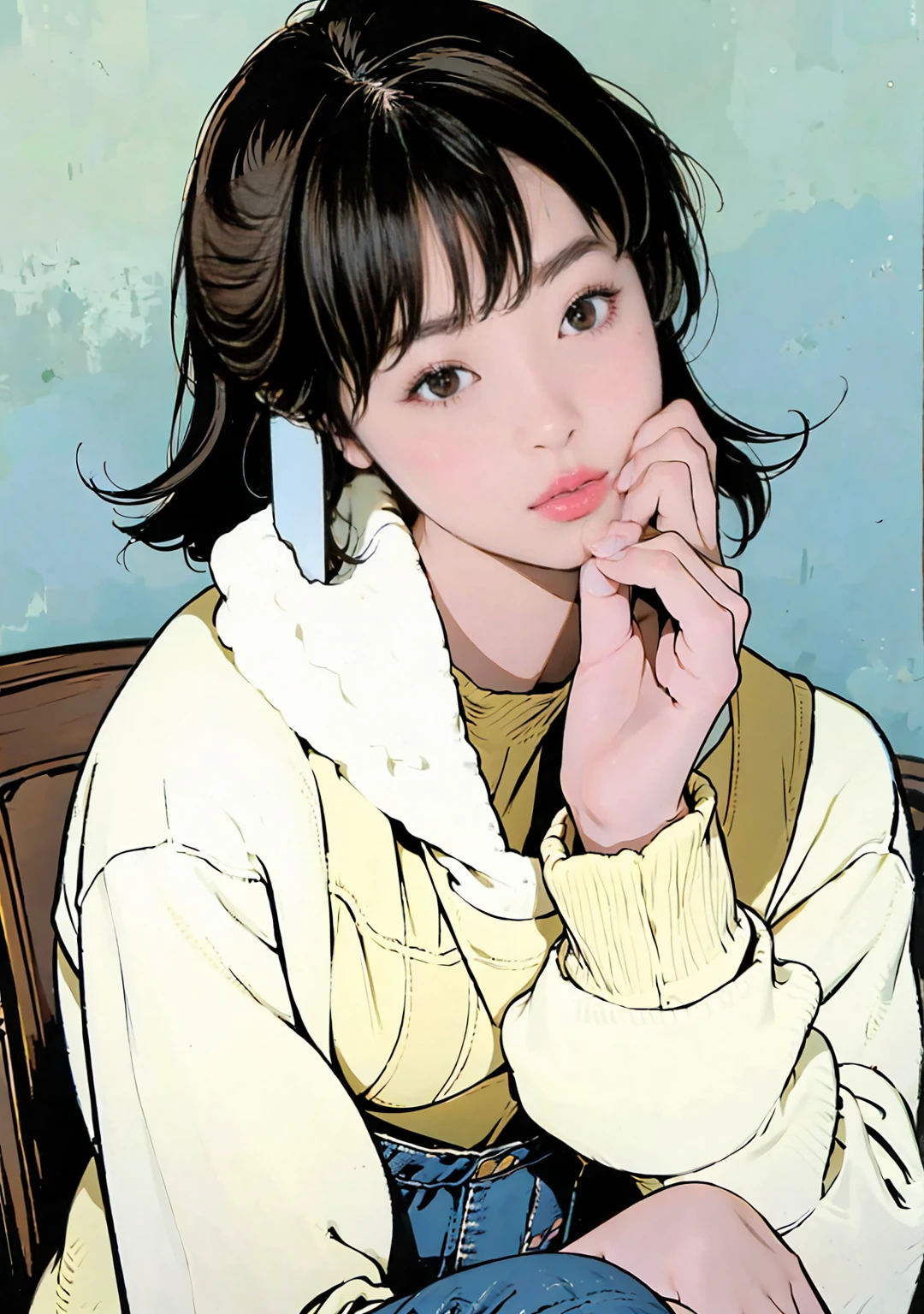 pastel colors ,   1980s Style   , art colored pencil drawing，( 最高quality:1.2, very well detailed, newest, lively , high contrast for disgust , masterpiece:1.2,  best aesthetics),((greatest masterpiece)),(((最高quality)))high resolution、(( the most beautiful woman in the world、 :1.4)) vivid hair color ,short bob ,casual clothes、   as if it is directly speaking to the audience  、miniskirt、  light black pantyhose、high resolution, masterpiece, 最高quality, wearing a white coat is anatomically correct, accurate, detail, 高いdetail, High Definition Model, quality, 高quality, very detailed, textured skin, ultra high definition,  , 