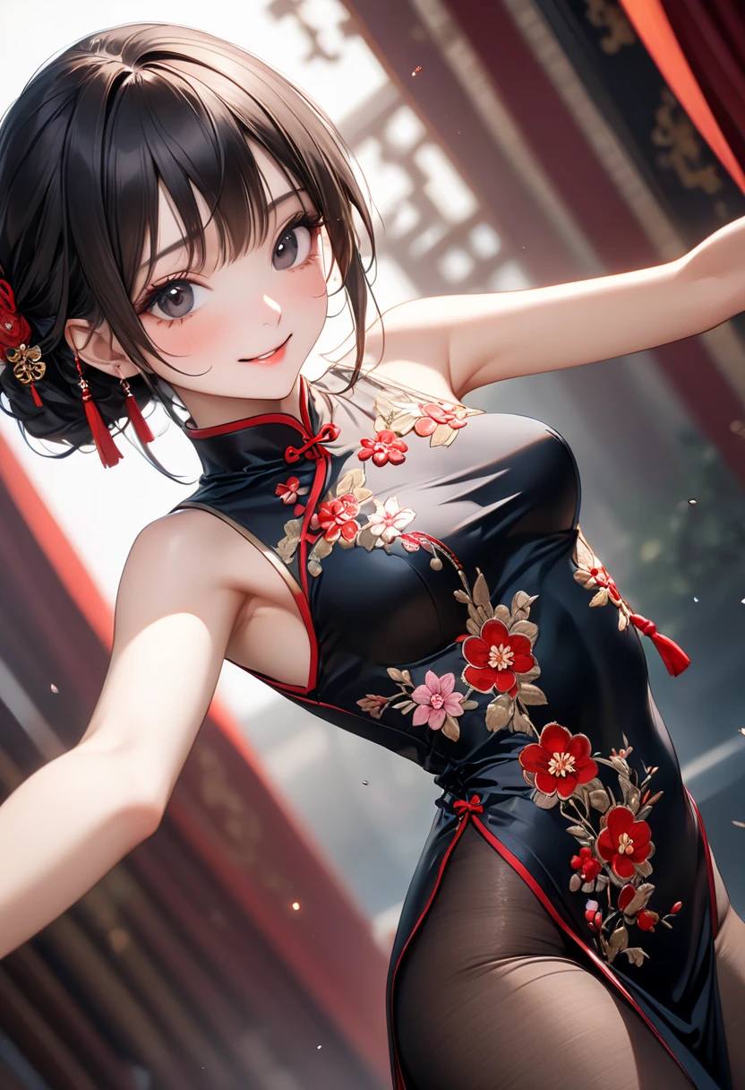 masterpiece, highest quality, One girl, View your viewers, Small waist, RAWphotograph,Hands intricately、Beautiful fingertips、 Ultra-realistic, High resolution, photograph, Sharp focus, Most detailed, Very detailed, Super detailed, In detail, Very detailed目と顔,Very detailed手と指、Idol、Thighs, beautiful girl,View your viewers, Small waist,Symmetrical face, whole body、No sleeve 、Cleavage、Large Breasts、Beautiful clavicle、Long Hair、Beautiful navel、Shyness、Happy expression、First Date、Tight Chinese dress