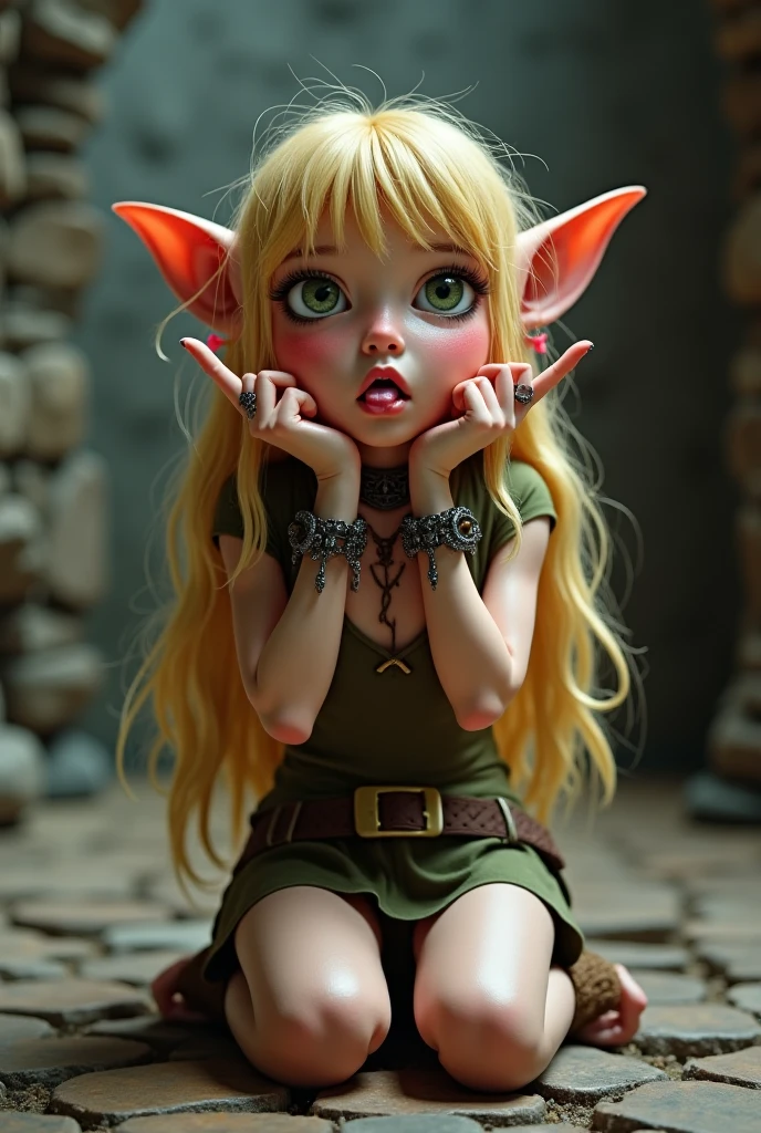 naked Forest horny skinny girl witch with long legs, eyes same color, aroused face expression, skimpy witch clothing, big hairy pussy, hairy pussy, pussy everywhere, pubic hair, masturbating, naked green Goblins, horny Goblins, cum leaking from her aroused pussy, sitting at a bus stop with Goblins, small town center, dusk, sun is low, shade.