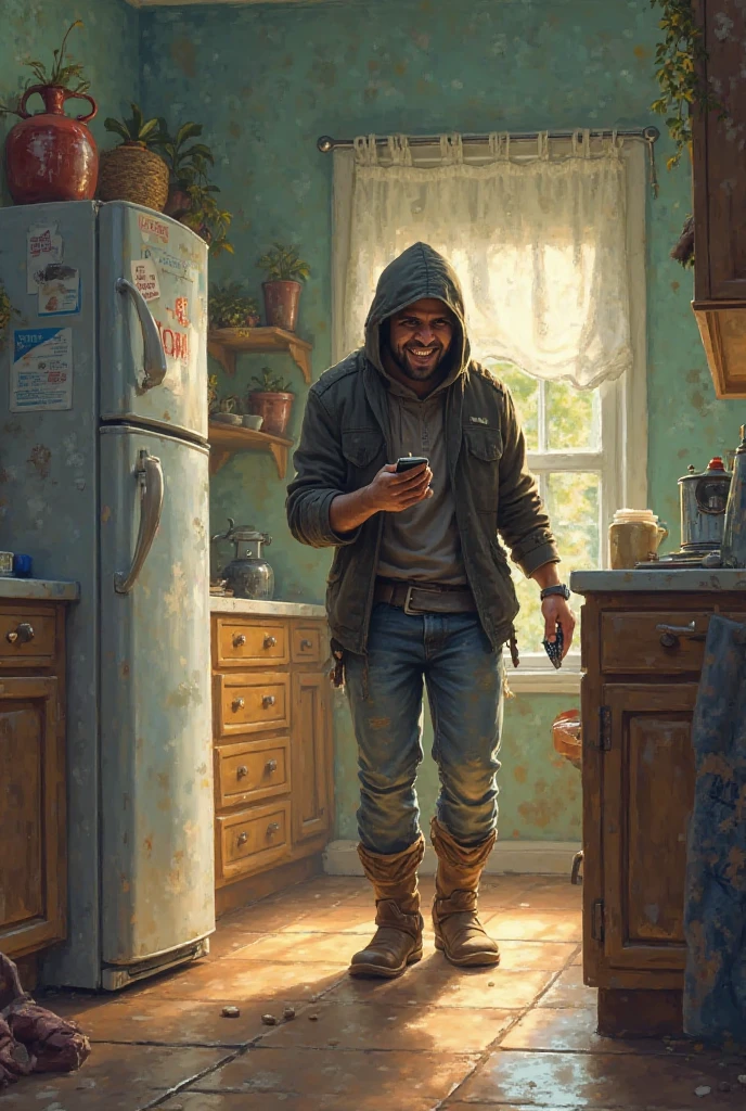 (Verse 2)
"Fridge ka doodh, aur cake ka tukda, TV ka remote bhi bana uska dukha!"
Prompt: The thief sneaking into a kitchen, taking milk from the fridge and a piece of cake while holding a remote in his other hand. He is smiling mischievously as he sneaks away.