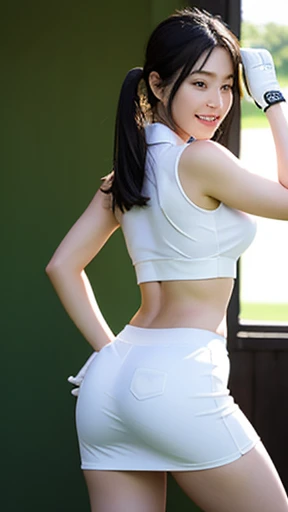 (8K, highest quality, masterpiece: 1.2), (realistic, realistic: 1.37), Super detailed, 1 girl, 20-year-old, big, beauty, cute, smile, alone, ((tennis wear)), mini skirt, (thin white undercoat)、beautiful thighs、((Beautiful cameltoe))、Tennis court, (nose redness), (smile: 1.15), (opened mouth), beautiful eyes, (long hair: 1.2), floating hair nova frog style, Upper body, (skirt lift), (she has not tennis racket), ((cameltoe)), (thin white panty), (I can see the shape of nipples under her wear), (back shot), (looking camera), (stick butt)