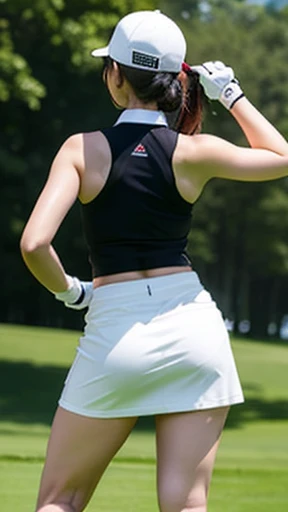 Highly detailed CG Unity 8k wallpaper, With the highest quality, super detailed, Master Pieces, Realistic, photograph realistic, extremely detailed cute girl, 25 years old, Tennis Wear , (Miniskirt), ((perspired)), (((Sweaty skin))), blush , Round eyes, medium breasts, looking viewer, Cowboy Shot , arms behind back