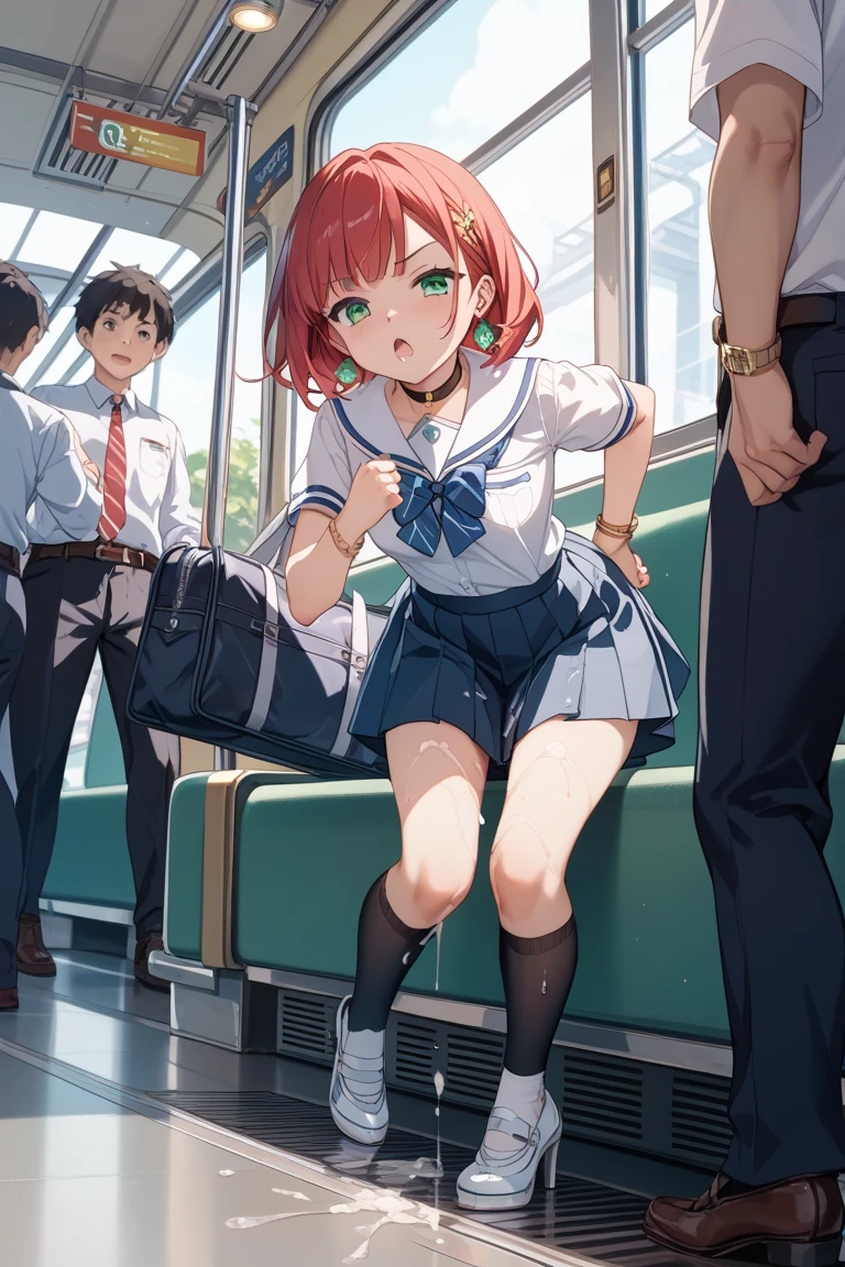 top-quality、lighting like a movie、Eroge illustration、anguished expression、High school girl being molested on a train、Eyes from below、ripped clothing、Small panties、