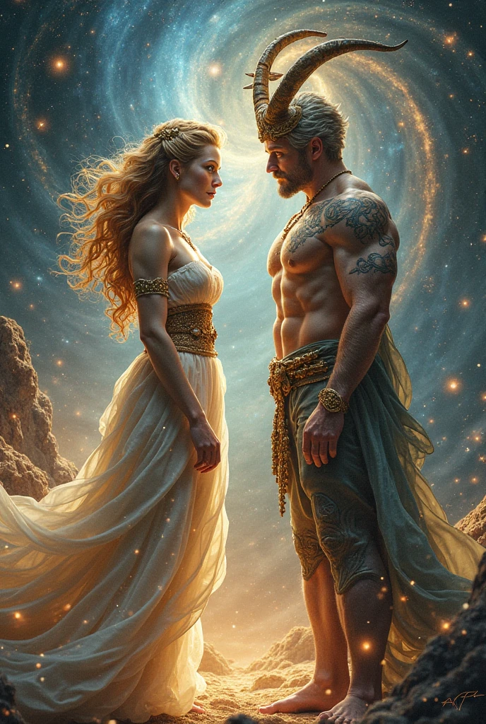 Male shaman and a female yogini, sacred rebels. He is muscular, broad, bald, bearded. She is blond, long haired, voluptuous, hourglass body, toned with abs, a lot of hippie style ethnic jewelry, scantily clad in tones of pink and white. Psychedelic picture of a very attractive couple, sparks flying, polarity, spiritual.