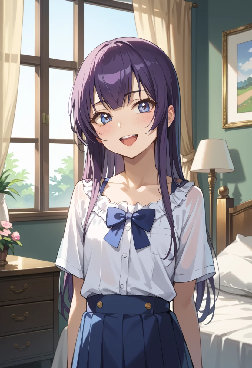 ((top quality)), ((masterpiece)), (be familiar with), perfect face, indoor, bedroom, watching viewers,
One woman, Saeko Tokushima,
open mouth, ecstatic expression, blush, smile,
small , flat chest, Young girl, lori, ren, girl,
long hair, long hair,
opening,