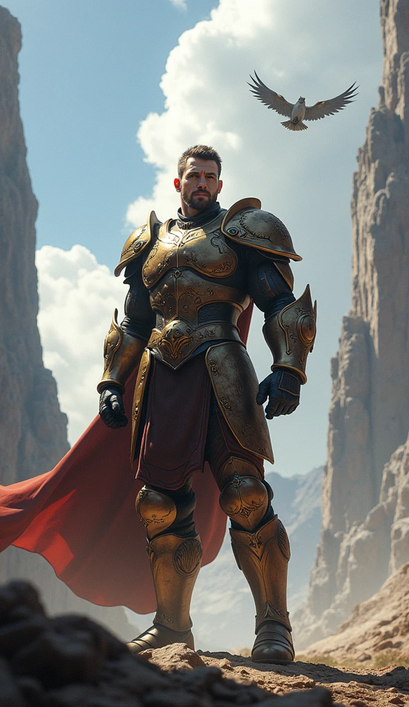 A male character looks up proudly, wearing the ancient bonus equipment, very proud, the background is very damaged battlefield, very broad and exquisite. Heavy armor, handsome posture, and battle-damaged armor. (Kneels down on one knee and bows his head feebly)
