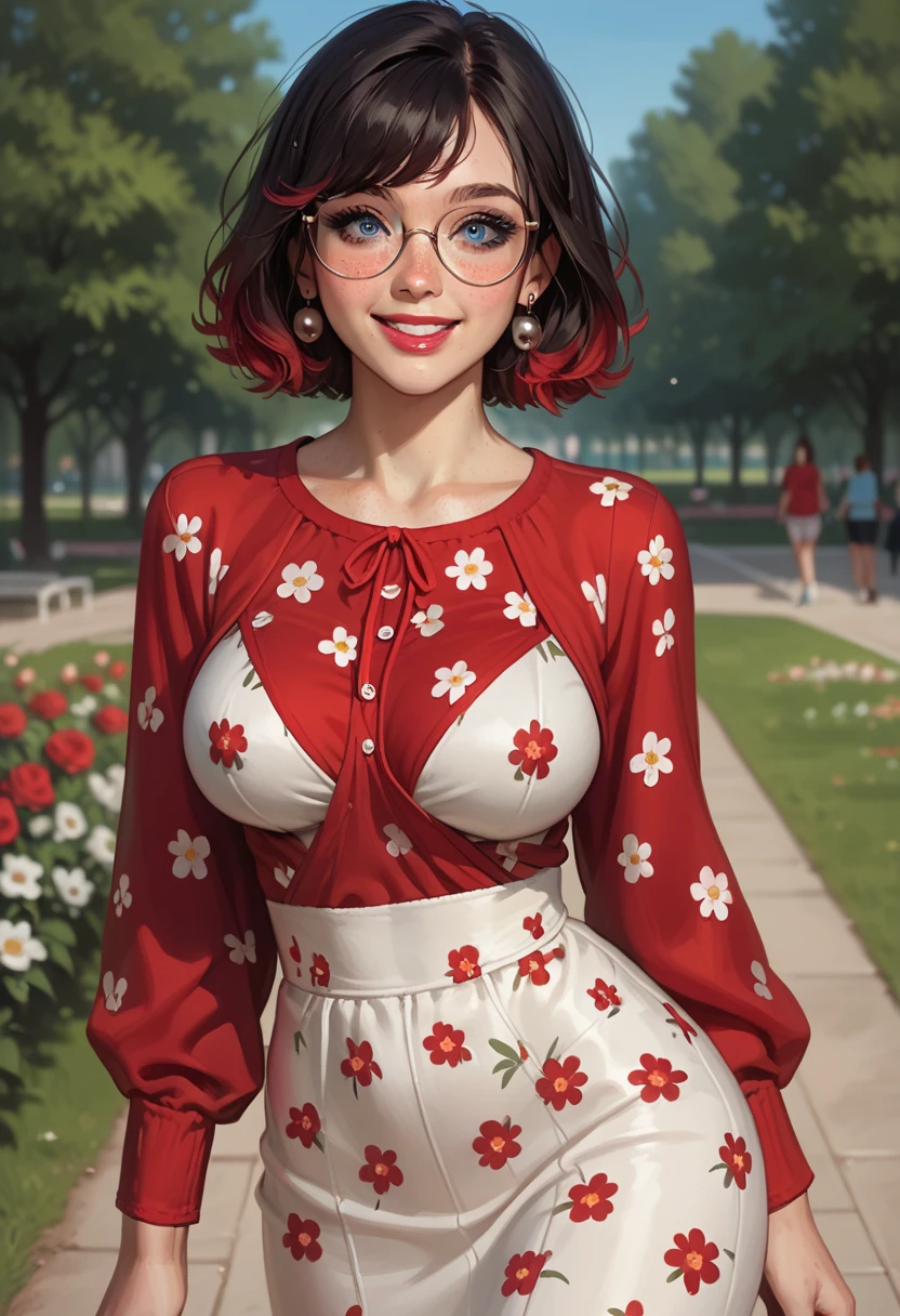 score_9, score_8_up, score_7_up, score_6_up, dynamic angle, ultraHD, source cartoon, ultrarealistic, 8K, in a park, summer day , daytime , BREAK, 1woman, 30yo, , athletic frame, round face, , freckles ,large round blue eyes, , freckles , black hair with red highlights, medium length hair, hairs on a side, swept bangs, black eyebrows, metal glasses, make up, lipstick, earrings, happy expression,, (). (Round bubble ass)), ((((large breasts,)))), (( curvy body)),  , , BREAK, red summer long dresses, flower pattern,, BREAK, walking in a park, BREAK, from front view, , wide shot, naughty looking, smile, BREAK, , 