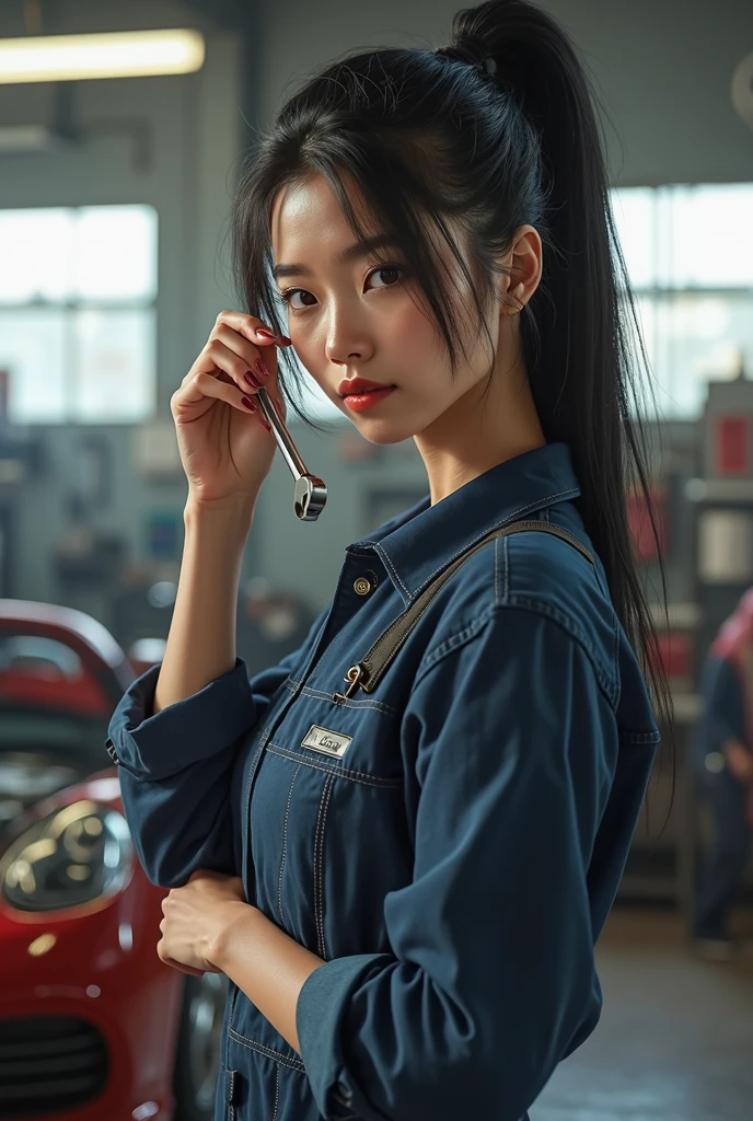 masterpiece, best quality, ultra-detailed, high resolution, 8k, photorealistic, sharp focus, cinematic lighting, 1 beautiful Japanese woman, 20s, auto mechanic, athletic build, wearing slightly oil-stained navy blue overalls, high black ponytail, pausing work, wiping sweat from her brow with her forearm, focused expression with a hint of fatigue, holding a spanner loosely in her other hand, standing in a brightly lit auto repair shop background, tools and car parts visible
