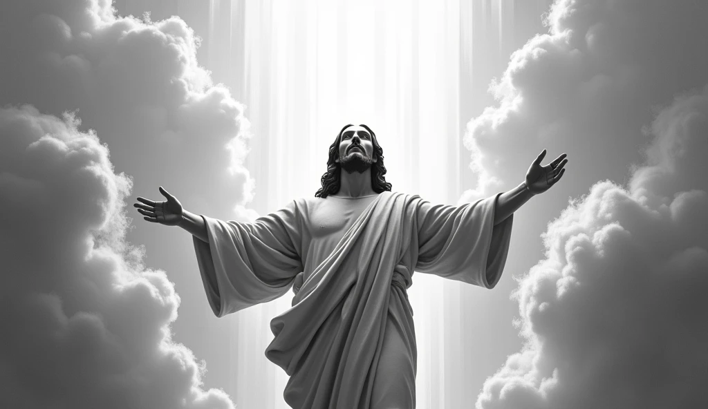 ((JESUS OF NAZARETH)), arms out, 33 years old, whole body, jesus christ, jesus, god of heaven, dressed as Jesus Christ, the Lord and Savior, the God of heaven, glorious Jesus, black an white