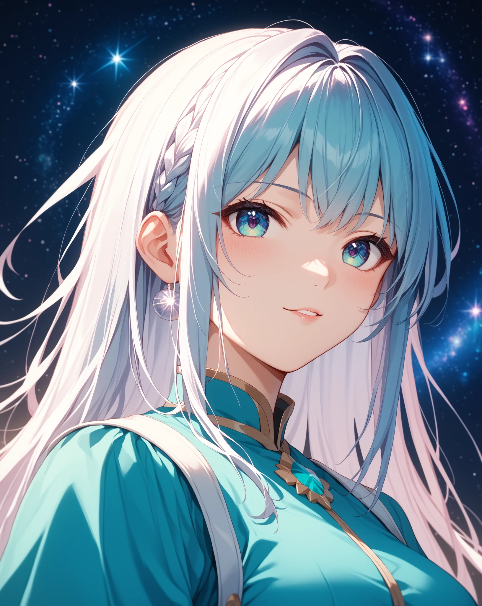 Masterpiece, Best quality,(Beautiful detailed eyes),(((1 girl))),((((Long white hair)))), Aqua green theme hair, Innocent, Red eyes, Starry sky, Post-apocalyptic themes,nopan, whole body picture,