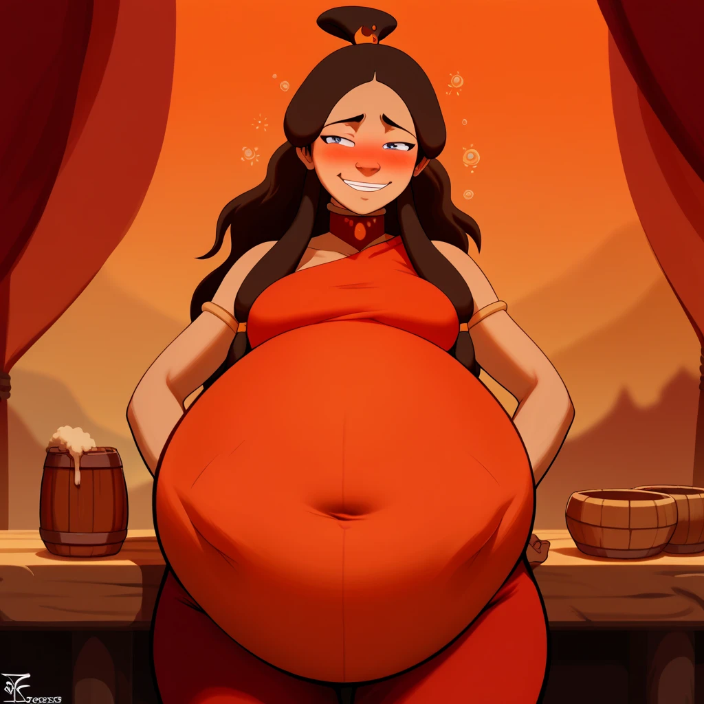 score_9, score_8_up, score_7_up, score_6_up, score_5_up, score_4_up, rating_questionable, KataraFire, sexy pose, ((belly stuffed)), ((huge belly)), ((Very drunk)), ((staggers)), (tight red clothes) ,dark skin, shy smile