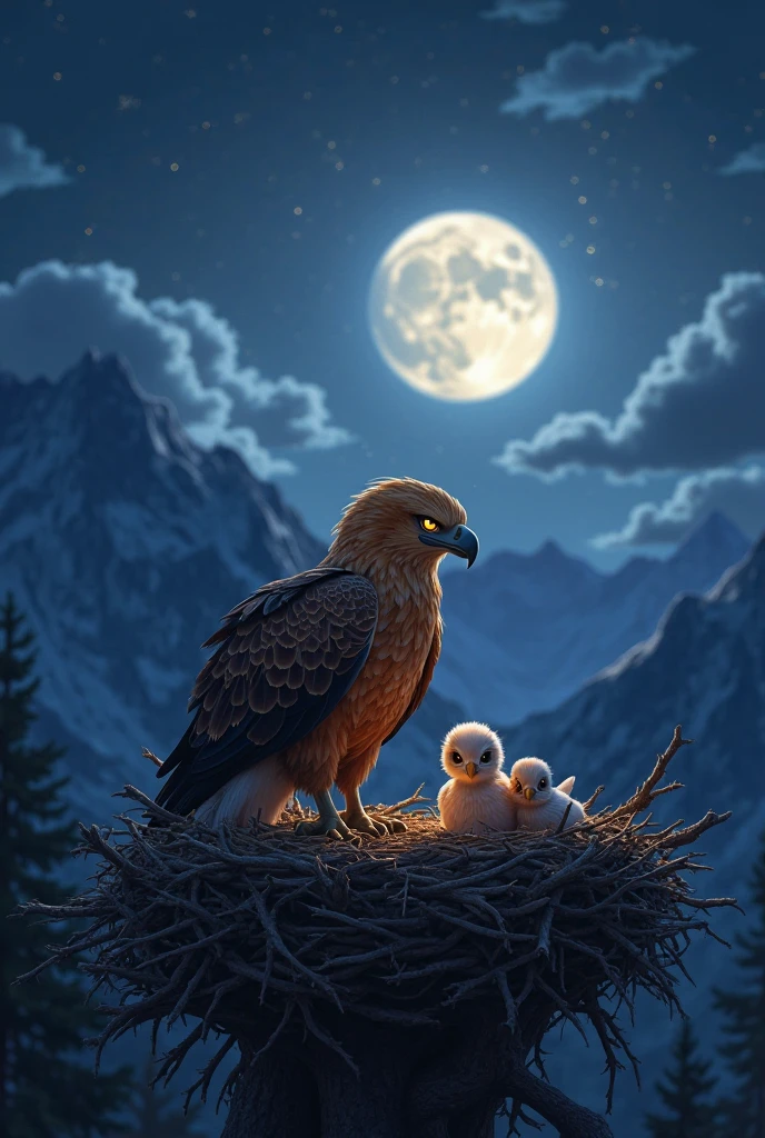Night blankets the mountains. The golden-brown eagle sits awake in the nest beside her chicks, eyes glowing softly in the moonlight. Her head is slightly bowed, eyes wide open, alert and anxious. Stars shimmer above, and clouds move slowly past the moon. A cool breeze moves through the feathers of the nest.
3D Pixar cartoon style, Ultra HDR, 3D intricate details, vibrant colors, realistic lighting, Dramatic Lighting, Enhanced Clarity, Brilliant Highlights, Hyperrealistic Detailing, cinematic.