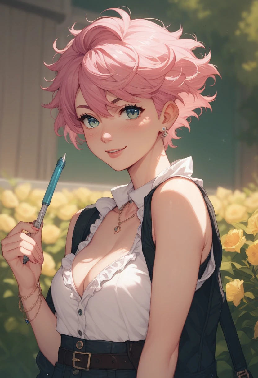 Shiratori aira by Dandadan, short pink hair, anime style dan da dan