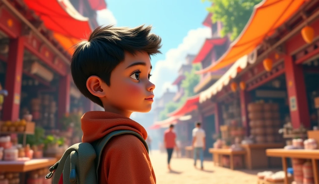 3D picture of a boy thinking in the market