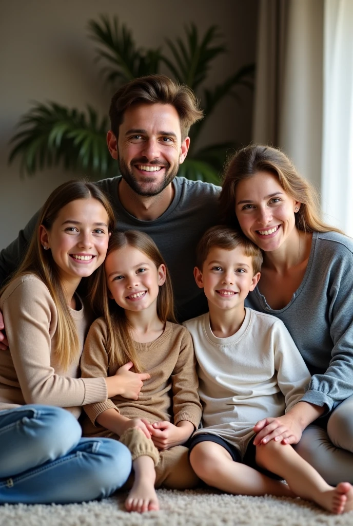 generates an image where a family of 5 people appears, with the father and, mother, an 11-year-old girl and an 8-year-old girl, and a 7 year old boy