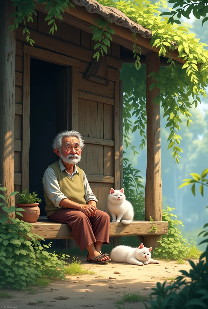 "A peaceful village scene with a small hut. An old farmer sitting on a porch with a white cat beside him, surrounded by greenery and trees."
