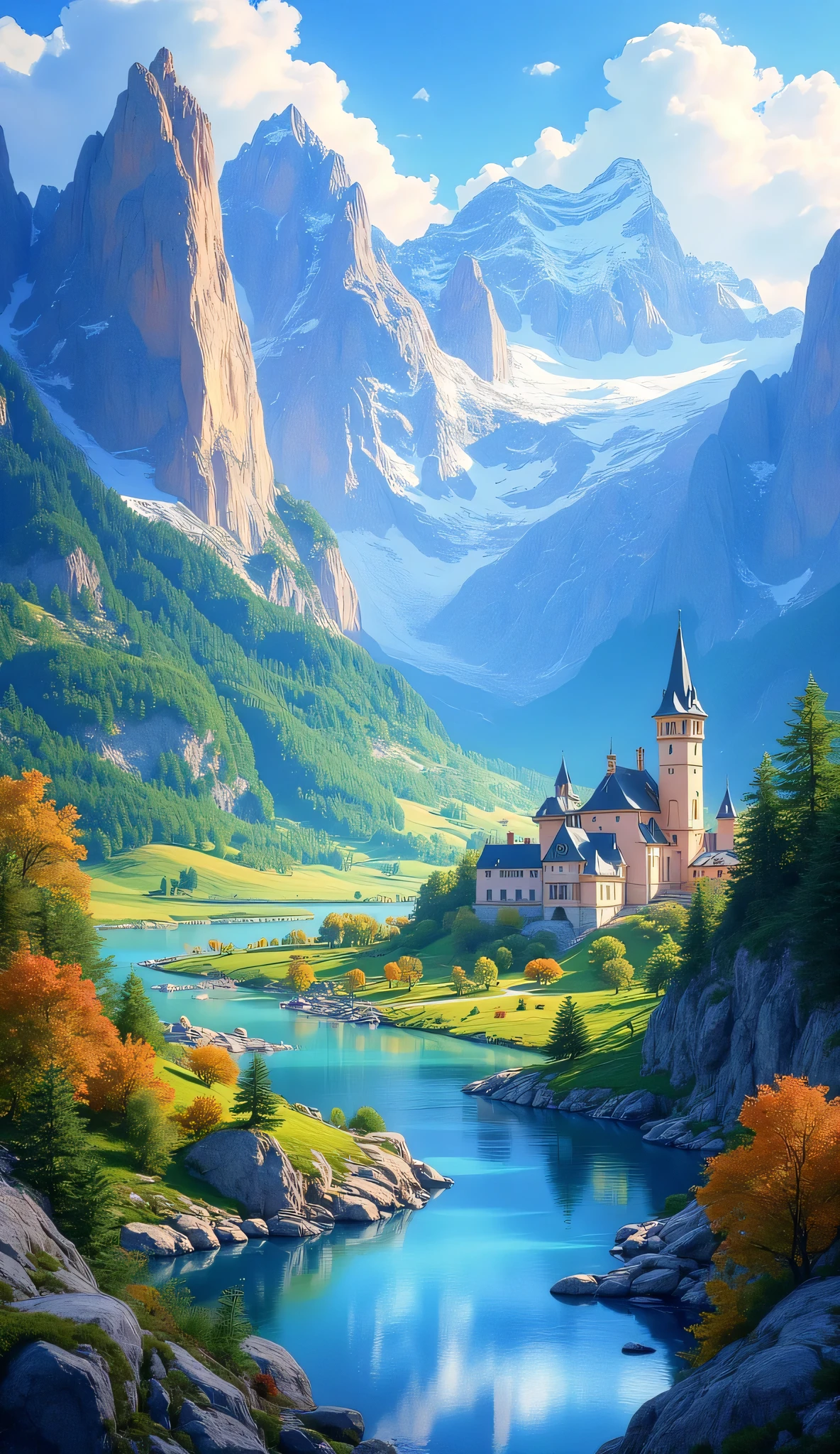 夏山のoilの傑作 、 bright color 、 spectacular dramatic expression in intense style 、 Small village 、  Gothic Castles  、 Rivers and lakes 、 BREAK's Masterpiece  、 intricate details of the highest quality in wet water 、  super clear 、 Screen Environment  、 Realistic shadows 、 Bastien Recouffe Douarme 、 8 kilometers 、 oil 、