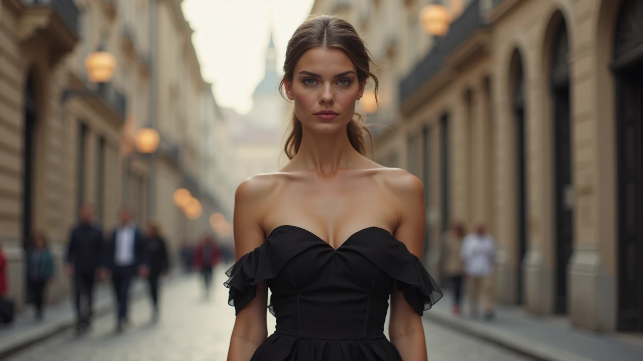 close up photo, A hyperrealistic DSLR close-up photo in Front of the Paris Opera, a beautiful dress, no human in the background, blurred background, hyperrealistic details, and cinematic lights, no humans, no peoples in background