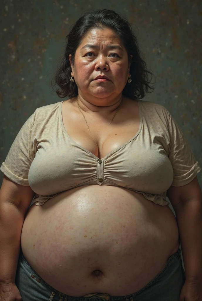 Create a realistic photo of an elderly woman, 90 years old, obese, with black and dark skin, wearing a white shirt and black skirt and glasses, lifting the body of a 30-year-old woman from the ground by the waist and lifting it high into the air, with light white skin, long brown hair, slim body, without a bra with bare breasts and wearing jeans