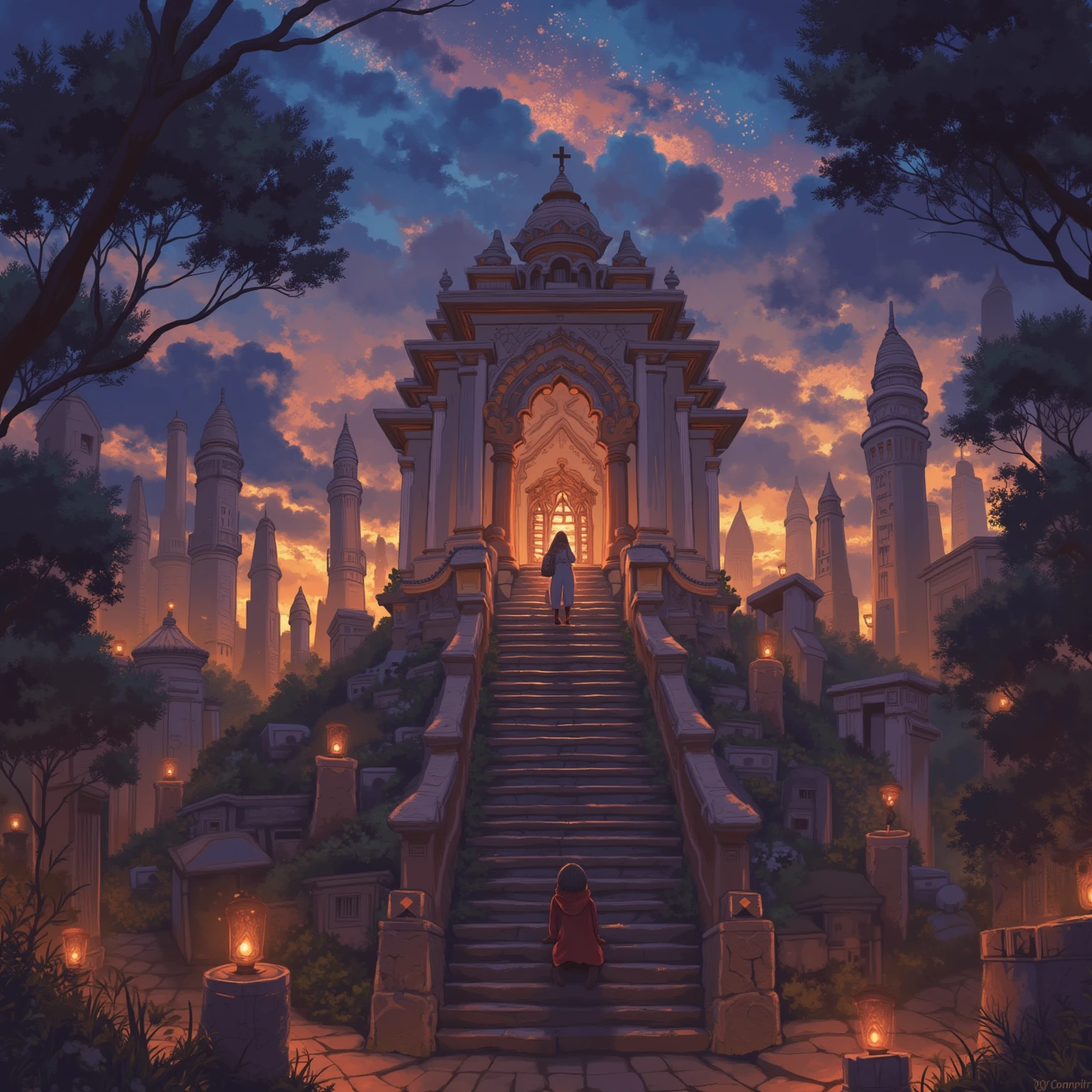 Dusk, full body, smile, Outdoors,  orbital space, simple background, 青いnull, short hair, null, temple, watching the audience, I'm sitting on the stairs, village, Soft light best quality,4K,Superb work,super realistic,photo-realistic,HDR,studio lighting for women,Superb Paintings,high resolution,clear focus,Realistic,rich colors,Bokeh