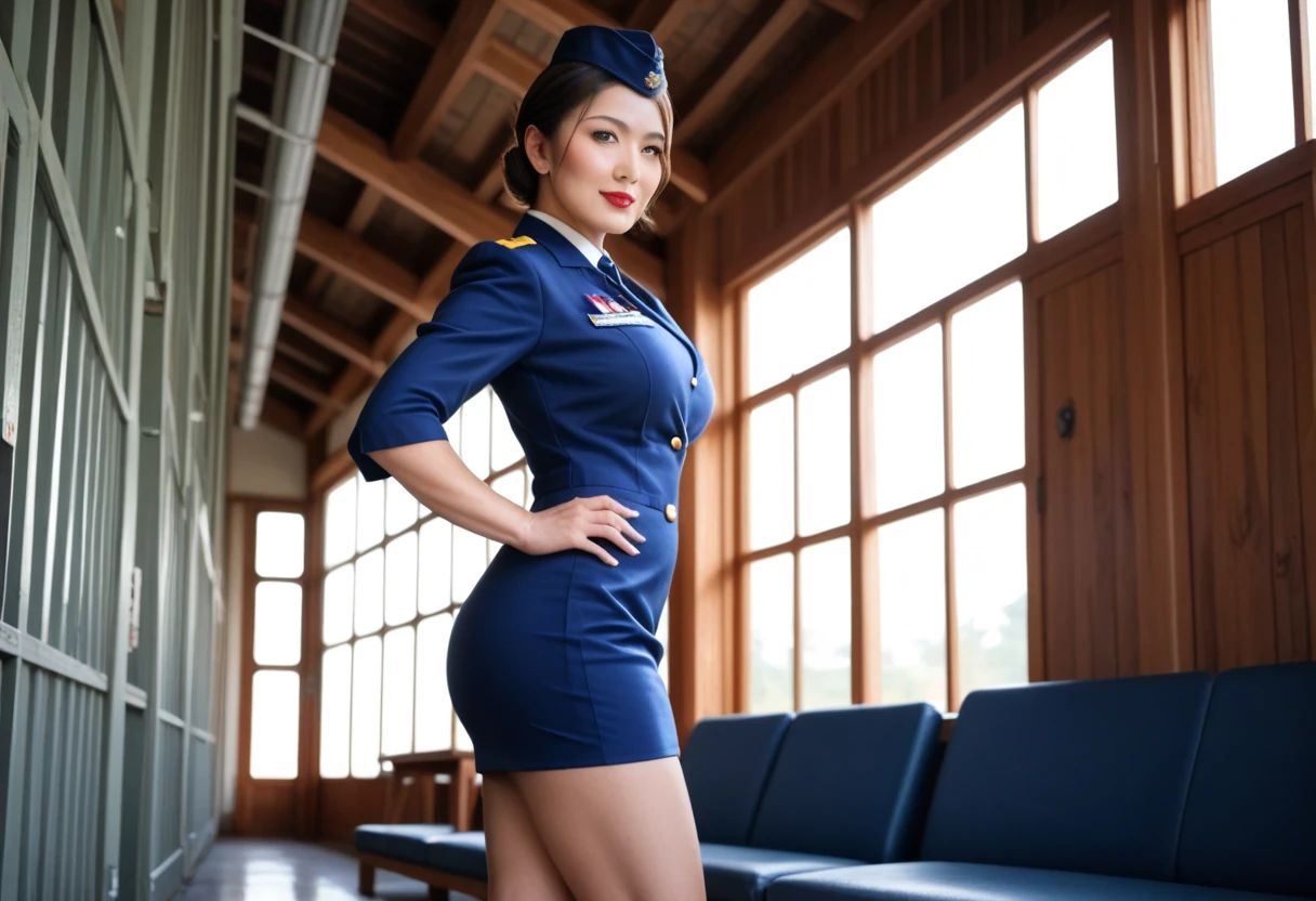 ((best quality)), ((masterpiece)), (detailed), perfect face Parking enforcer woman wearing cap, gloves and long sleeve leotard squatting barefoot. Bare legs. Red painted toenails.